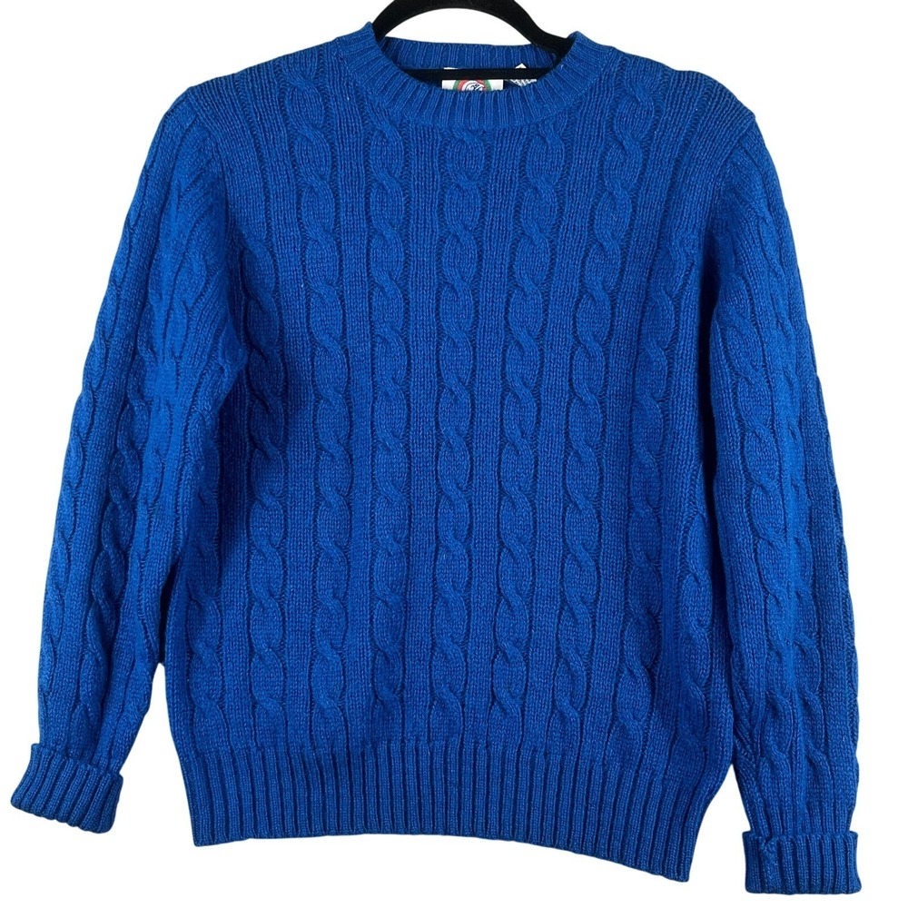 VTG Eagle's Eye Mens 38 Blue Shetland Wool Cable Knit Sweater Fisherman FLAW